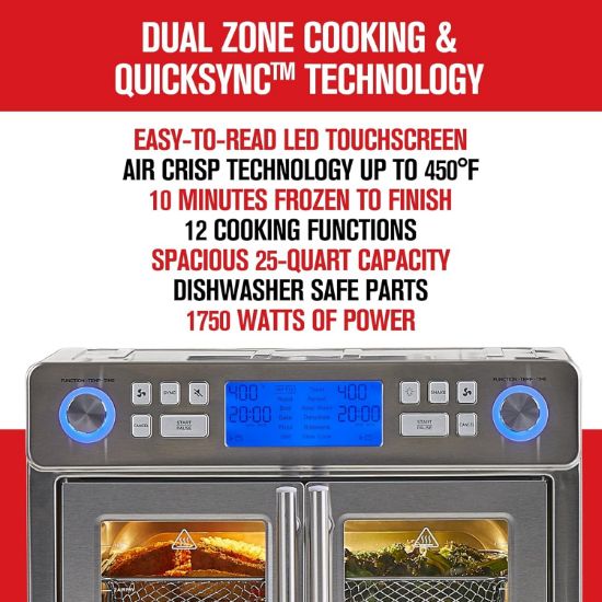 Picture of Dual Zone 360 Air Fryer Oven Combo with French Door, 25 QT Extra Large Family Size Meals to Cook Two Foods in Two Different Ways at The Same Time, Up to 60% Faster from Frozen to Finish
