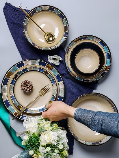 Picture of Dingliu blue checkered daily porcelain tableware set European and American style tableware set gift box